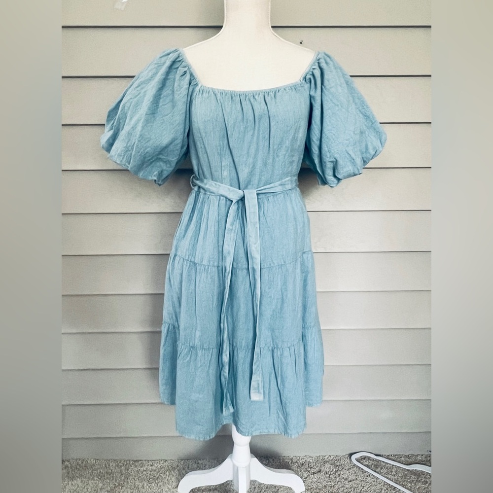 Bleached Wash Boho Style Puffy Sleeves Linen Blend Dress